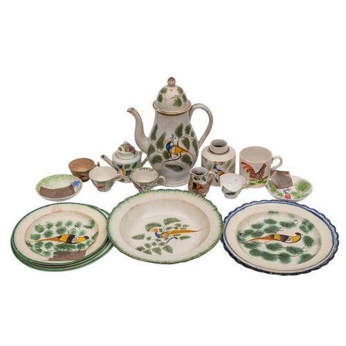 166 - A group of English 'peafowl pattern pearlware included six plates and a coffee pot and cover, painte... 