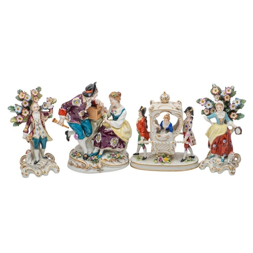 168 - Four Continental 'gold anchor' porcelain figures, comprising a pair of dancing shepherds, a sedan ch... 