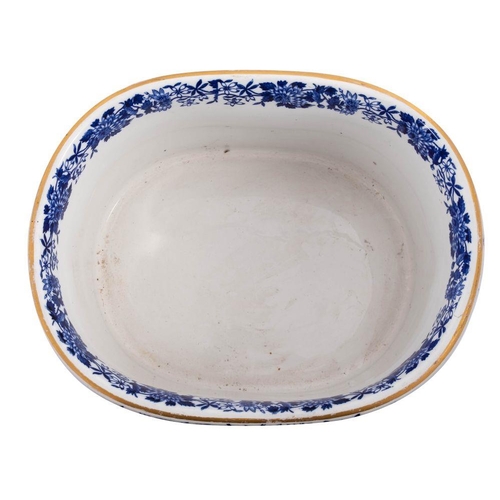 174 - A pottery foot bath of banded oval form with scroll moulded handles, transfer decorated in blue with... 