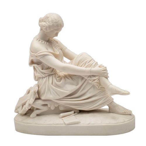 181 - A Minton parian figure of Sappho after the original by J.J. Pradier, seated barefoot on a low stool ... 