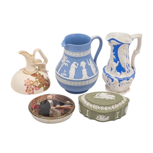 183 - A Royal Worcester ivory ground ewer and other items, the former of bell shaped form with serpent han... 