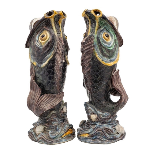 186 - A rare pair of large French Palissy-style majolica fish vases, probably Thomas Sergent, School of Pa... 