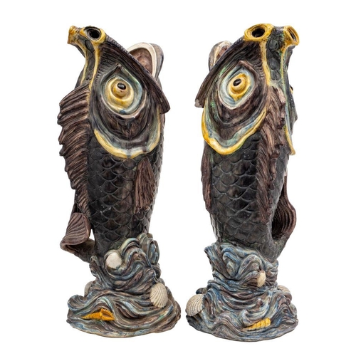 186 - A rare pair of large French Palissy-style majolica fish vases, probably Thomas Sergent, School of Pa... 