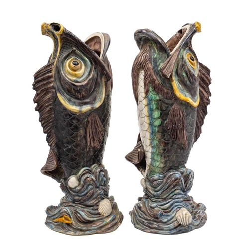 186 - A rare pair of large French Palissy-style majolica fish vases, probably Thomas Sergent, School of Pa... 