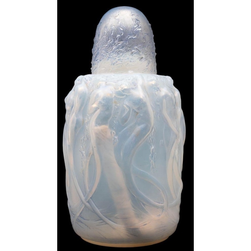 2 - A Lalique Brûle-Parfums à alcool Sirènes, the opalescent cylindrical body moulded to the exterior wi... 