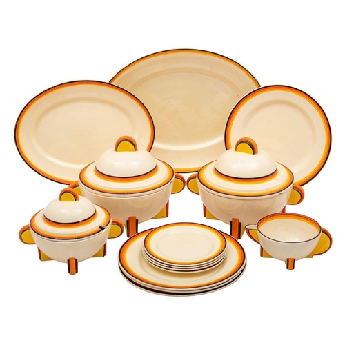 215 - A Clarice Cliff Bizarre part dinner service in the Odilon shape painted with yellow, orange and blac... 