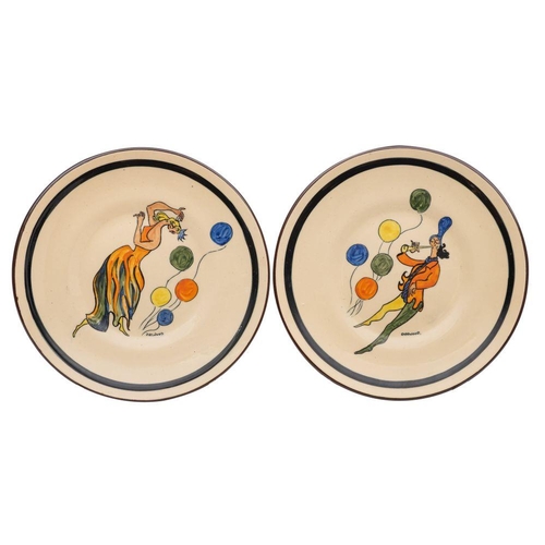 224 - A pair of Babbacombe Pottery plates designed by Deirdre Wood decorated with dancing figures and ball... 