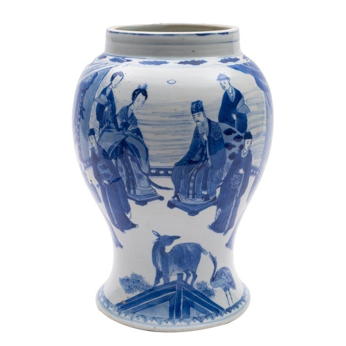 23 - A Chinese blue and white yen-yen vase painted to one side with a courtly presentation scene with an ... 