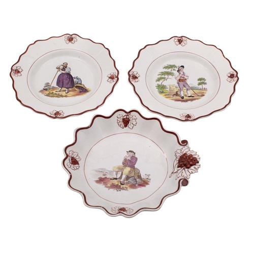 238 - Two Davenport plates and a matching dish, with grape moulded borders the cavetto bat printed with Eu... 