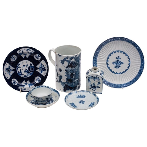 281 - A mixed lot of 18th century English blue and white porcelain comprising a Bow powder blue plate; a L... 