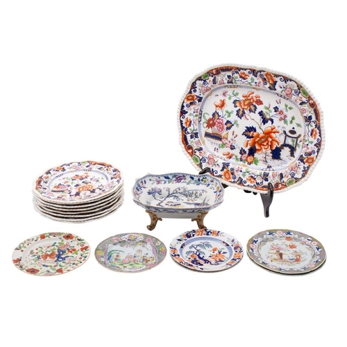 301 - A mixed group of ironstone and stone china table wares, decorated in the Japan pattern, various make... 