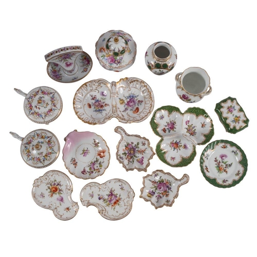 335 - A Quantity of Dresden and other German porcelain, primarily decorated with flowers within gold borde... 