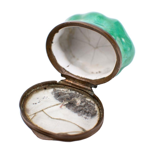 390 - A French enamel and metal mounted patch box, late 18th century, the sea-green ground body of bulbous... 