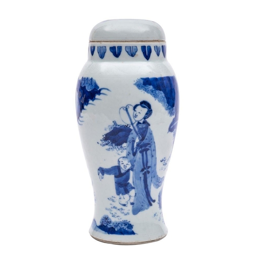 44 - A Chinese blue and white jar and cover of baluster form with domed cover, painted with a mother and ... 