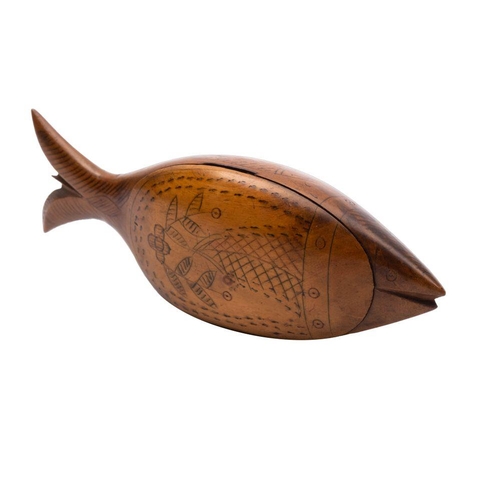 442 - A carved softwood and penwork snuff or pin box modelled as a fish, 19th century, the interior enclos... 