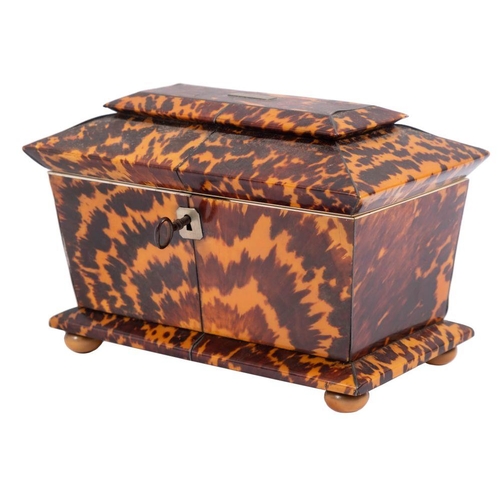 500 - WITHDRAWN  LOT   A George IV tortoiseshell tea caddy of sarcophagus form with two lidded compartment... 