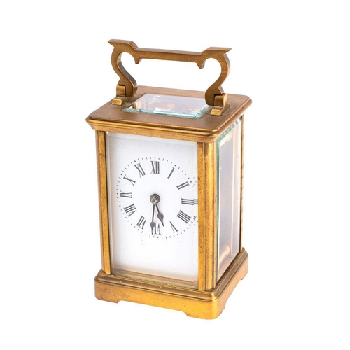 622 - A French Victorian carriage clock having an eight-day duration timepiece movement with a silvered pl... 