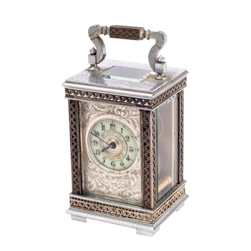 628 - A miniature French chrome-plated carriage clock the eight-day duration timepiece movement having a p... 