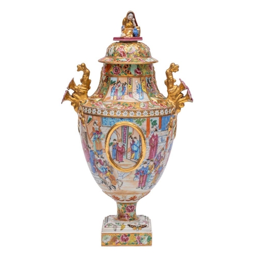 67 - A fine Canton gilt-ground urn and cover of neoclassical form, the domed cover with finial in the for... 