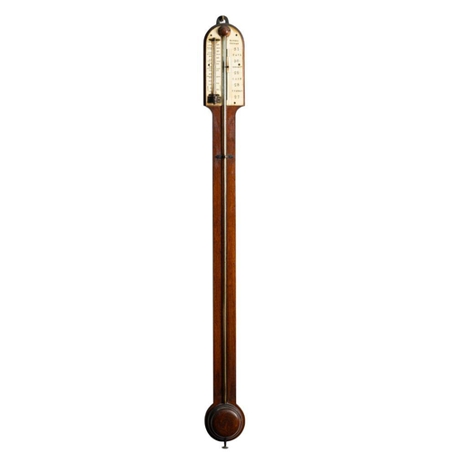 697 - Rowell, Oxford a mahogany stick barometer the bone dial with usual barometer markings, Vernier scale... 