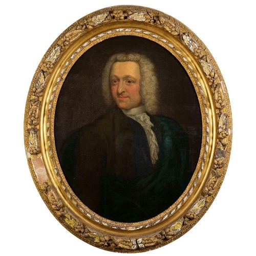 726 - British School (first half 18th century) Portrait of a gentleman half-length, wearing a brown jacket... 