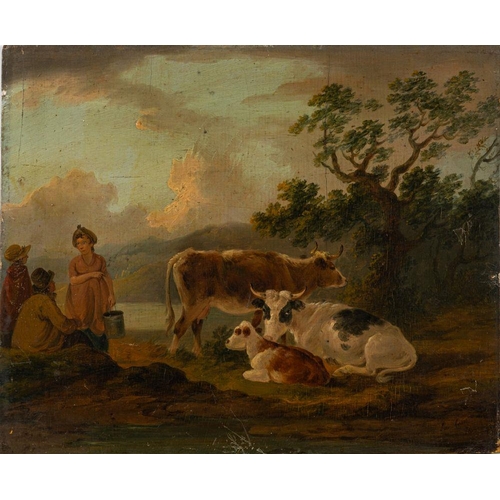 732 - Peter La Cave (British, circa 1789-1811) Pastoral figures and cattle resting; pastoral figures with ... 