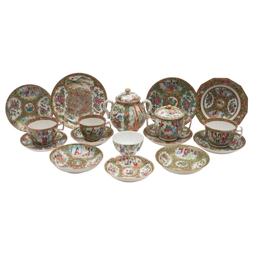 74 - A group of Canton tea wares, Qing Dynasty with conventional decoration including rose medallion, sev... 