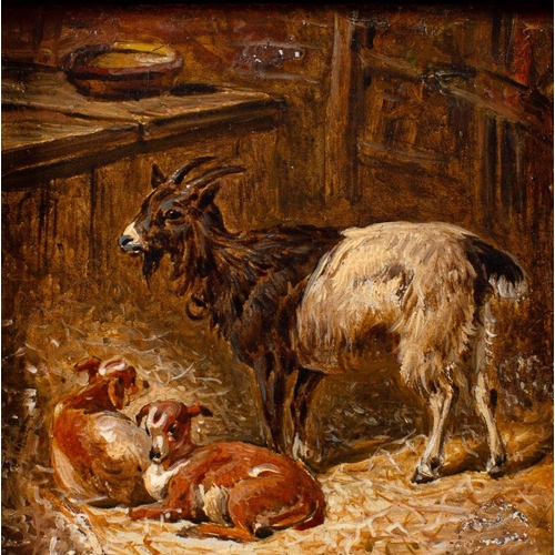 769 - Follower of Edgar Hunt (British, 1876-1953) Animals in a stable interior; a pair oil on panel each 9... 