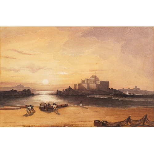 771 - Follower of Samuel Bough (1822-1878) Fisherfolk at sunset; a pair watercolours each 21 x 32cm (2)