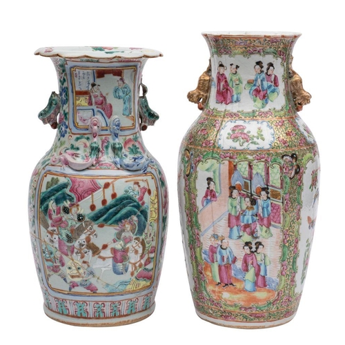 78 - A Canton baluster vase and one similar with pleated rim, Qing Dynasty both with applied lion dog han... 