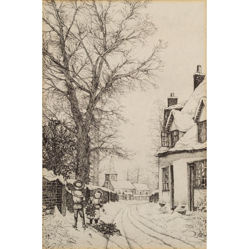 800 - Edwardian School (circa 1900) Winter village scenes; a set of four etchings each sight 29 x 19cm