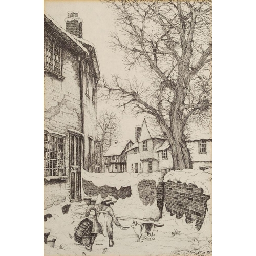 800 - Edwardian School (circa 1900) Winter village scenes; a set of four etchings each sight 29 x 19cm