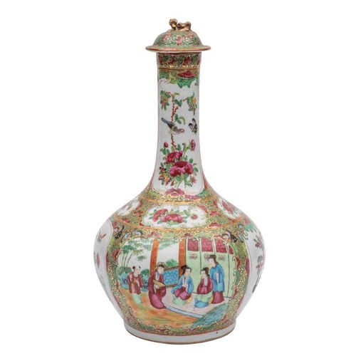 81 - A Canton bottle vase and cover with globular body and long tapering neck, Qing Dynasty, 38cm [glue r... 