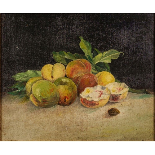 853 - E. Weller (20th century school) Still lifes of stone fruit; a pair each signed lower right oil on bo... 