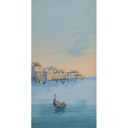 857 - Gianni Bonello (Maltese, 1858-1920) Fishing boats at a quay, view to Valletta beyond monogrammed low... 