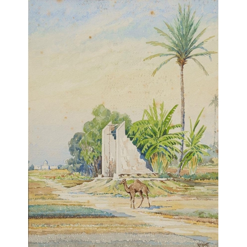 867 - R. S. Hunt (British, fl. 20th century) Desert scenes; a set of three each signed lower right waterco... 