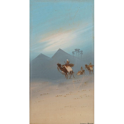 868 - Furness Wilson (fl. 20th century) Desert scenes with figures riding camels, pyramids beyond; a pair ... 