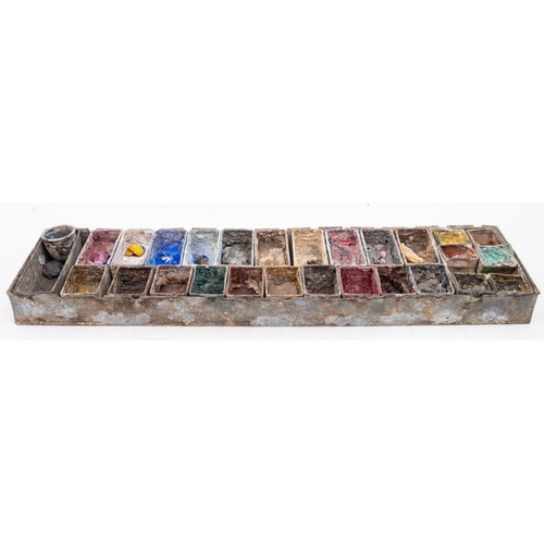 913 - An Edwardian metal artist's paintbox, once used by John Shapland (1865-1935), of rectangular form, t... 