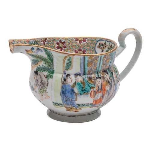 97 - A Canton 'monk's cap' jug enamelled with figures on terraces, the rim interior with panels of birds ... 