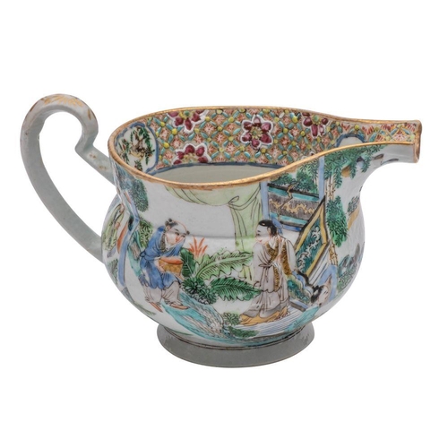 97 - A Canton 'monk's cap' jug enamelled with figures on terraces, the rim interior with panels of birds ... 