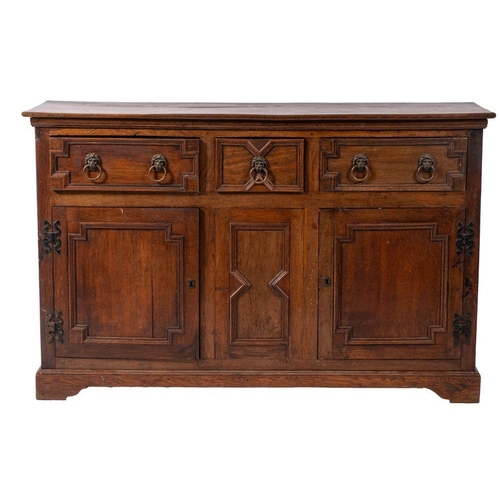 982 - An oak dresser base in William and Mary style, circa 1900; the top with moulded front and side edges... 