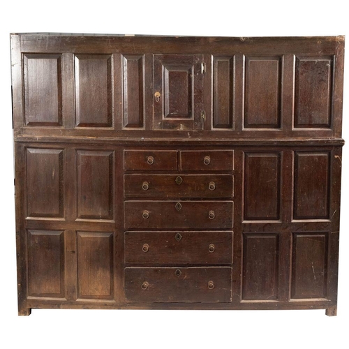 990 - A George II oak double fronted court cupboard, dated 1745; one front of the upper section with punch... 