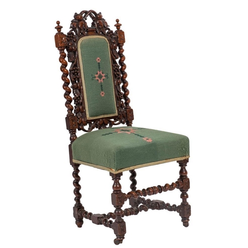 995 - A carved walnut and tapestry upholstered side chair in Charles II style, circa 1880; the backrest wi... 