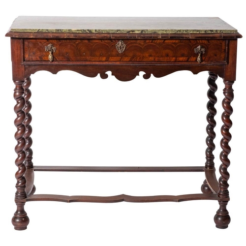 996 - A Queen Anne or George I walnut, laburnum and Connemara marble topped side table, first quarter 18th... 