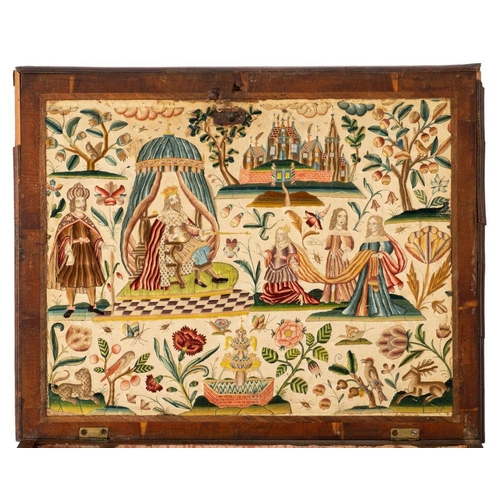 998 - A walnut and embroidery adorned cabinet on stand, elements 17th century and later; the hinged top an... 