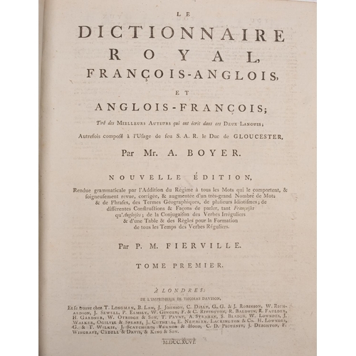 102 - BOYER, A -Dictionaire Royal, Francois-Angloise, et Anglois-Francois : 2 Vols. Cont full calf some we... 