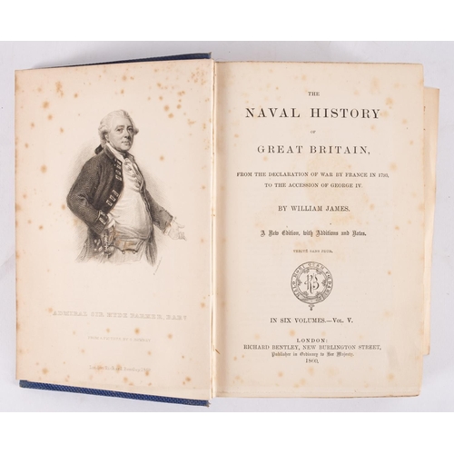 211 - JAMES, William - The Naval History of Great Britain : 6 volume set. Folding tables, org. blue gilt c... 