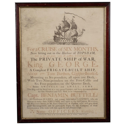 396 - SHIPPING BROADSIDE : '' For a Cruise of Six Months, Now fitting out in the Harbour of Topsham... The... 