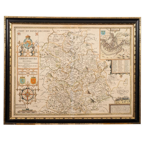 443 - SPEED, John - Shropshyre Described, : hand coloured map. 505 x 375 mm. English text, George Humble. ... 