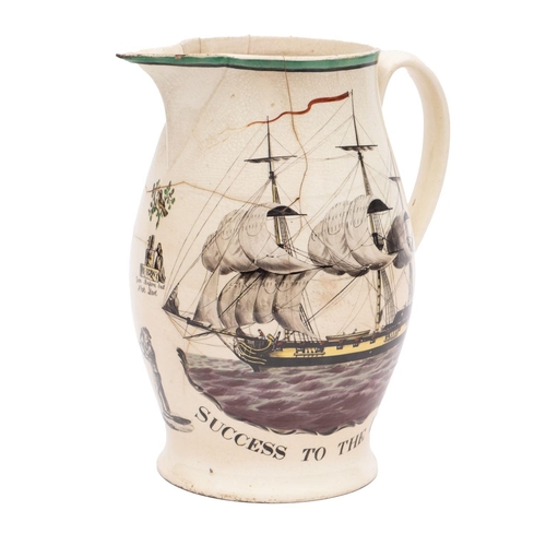 106 - A rare large Liverpool creamware 'Brooks Slavery Ship' jug printed and enamelled on one side with a ... 